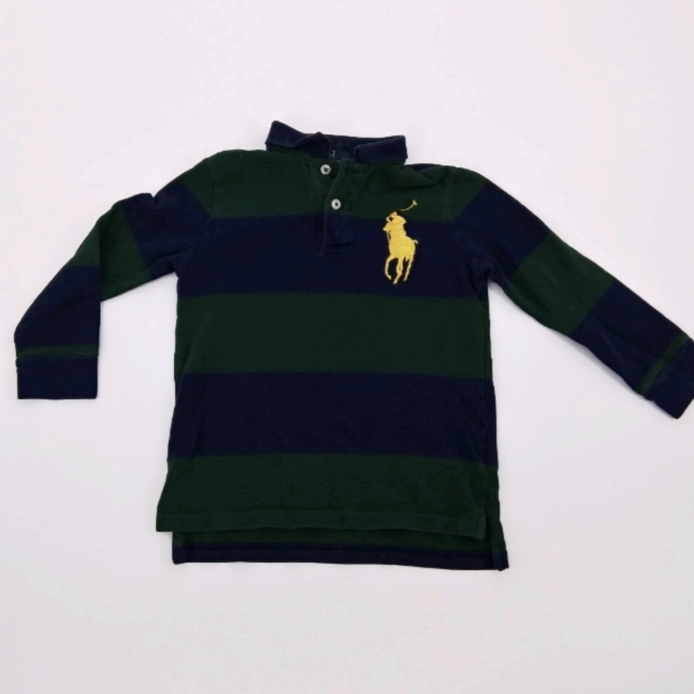 Polo Ralph Lauren Rugby Polo Shirt Boy's Size 5 Green Navy Stripes Big Pony Logo